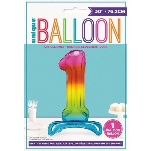 RAINBOW "1" GIANT STANDING AIR FILLED NUMERAL FOIL BALLOON 76.2CM (30")