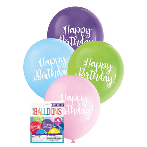 Happy Birthday Latex Balloons - Assorted Colours  8pk