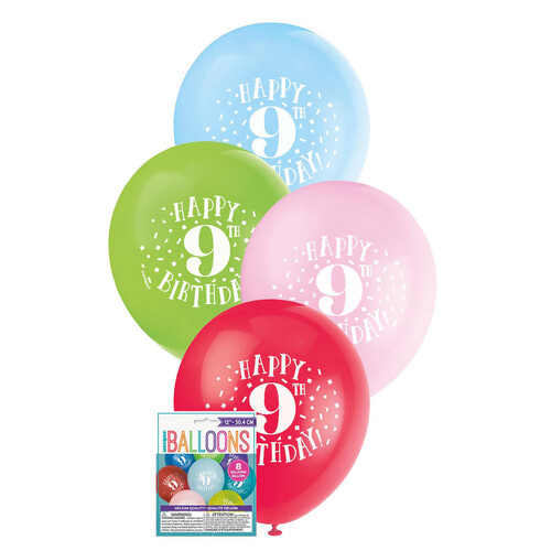 Happy 9th Birthday 8 X 30cm (12") BALLOONS -