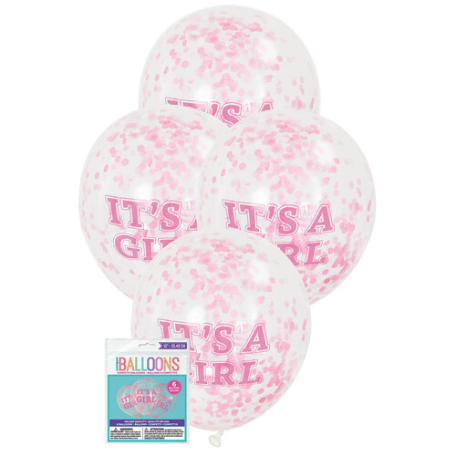 It's A Girl Clear Balloons With Pink Confetti 30cm 6pk