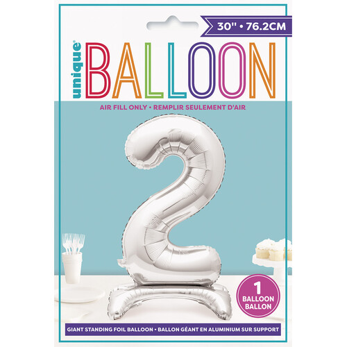 SILVER "2" GIANT STANDING AIR FILLED NUMERAL FOIL BALLOON 76.2CM (30")