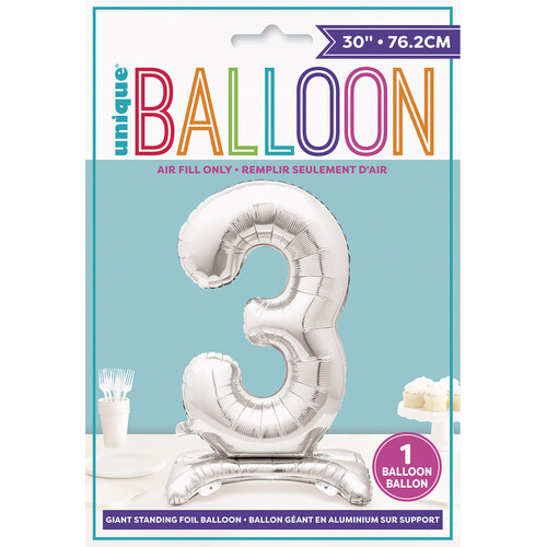 SILVER "3" GIANT STANDING AIR FILLED NUMERAL FOIL BALLOON 76.2CM (30")