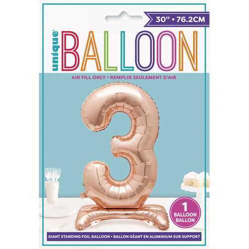 ROSE GOLD "3" GIANT STANDING AIR FILLED NUMERAL FOIL BALLOON 76.2CM (30")