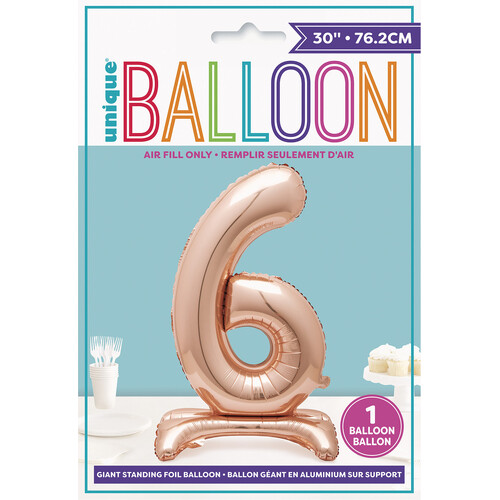 ROSE GOLD "6" GIANT STANDING AIR FILLED NUMERAL FOIL BALLOON 76.2CM (30")