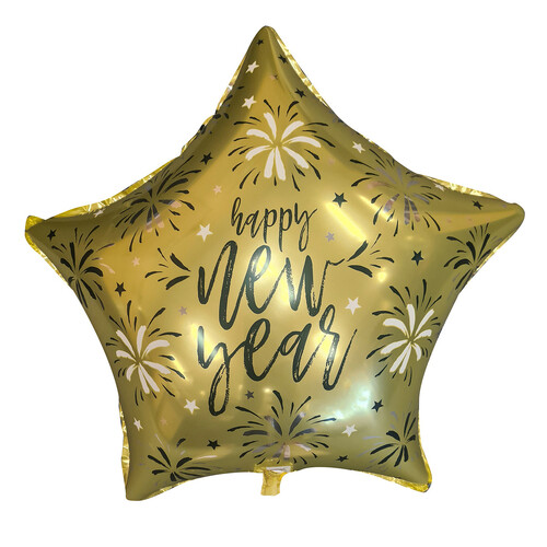 Gold Happy New Year Star 43cm (17") Foil Balloon With Ribbon