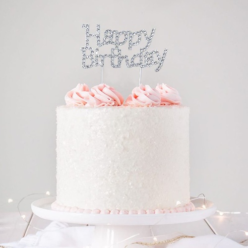 HAPPY BIRTHDAY SILVER CAKE TOPPER