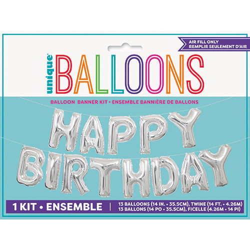 Happy Birthday Banner Silver Foil Letter Balloon Kit 35.5cm