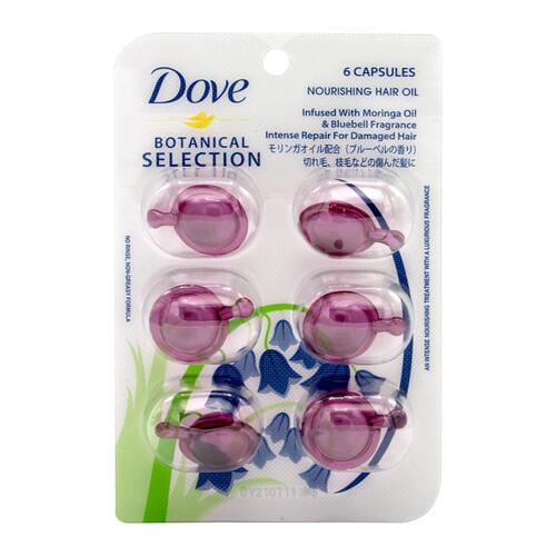 DOVE PK6 X 1mL BOTANICAL SELECTION NOURISHING HAIR OIL INFUSED WITH MORINGA OIL & BLUEBELL FRAGRANCE