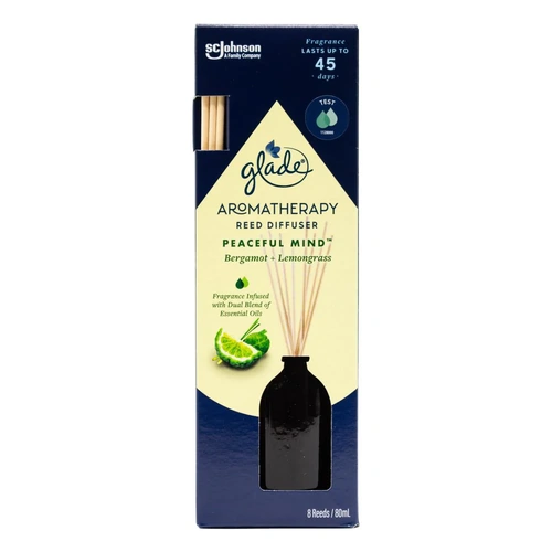 GLADE 80ml REED DIFUSER AROMATHERAPY PEACEFUL MIND BERGAMOT AND LEMONGRASS