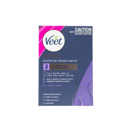 Veet Expert Brazilian Hair Removal Cream Kit Contains 1x 50ml Cream 1x 48g Aerosol & 1x Spatula 5 pieces Inner