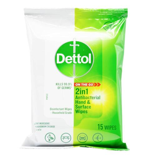 Dettol 2 in 1 On The Go Hands and Surfaces Antibacterial wipes 15pk