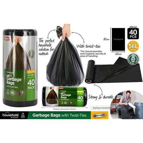 Heavy Duty Garbage Bags With Twist Tie 56L 40PK