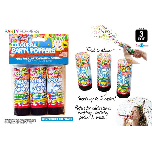 Colourful Party Poppers-1.5G 3pk