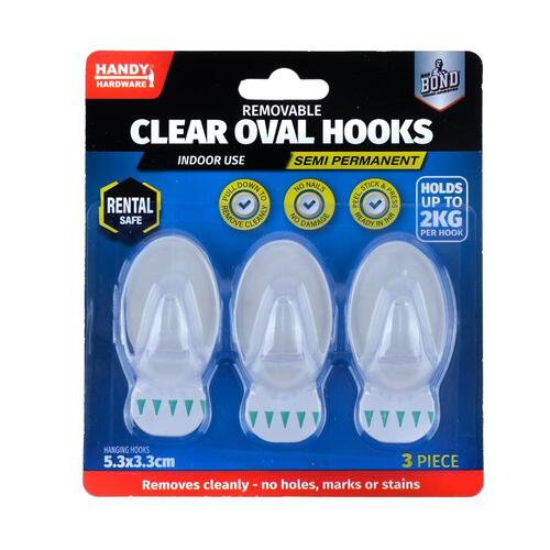 Removable Hooks Oval Clear Plastic 53mm x 33mm 3pk 