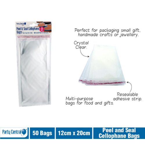 Medium Peel & Seal Premium Cellophane Bags 12cm x 28cm 50pk