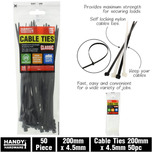 Cable Ties Black 4.5mm x 200mm 50pcs