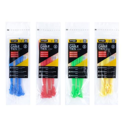 Cable Ties Coloured Assorted Sizes & Colours 75pk