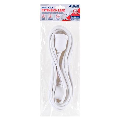 Piggy Back Extension Lead 5 Metre White 240V